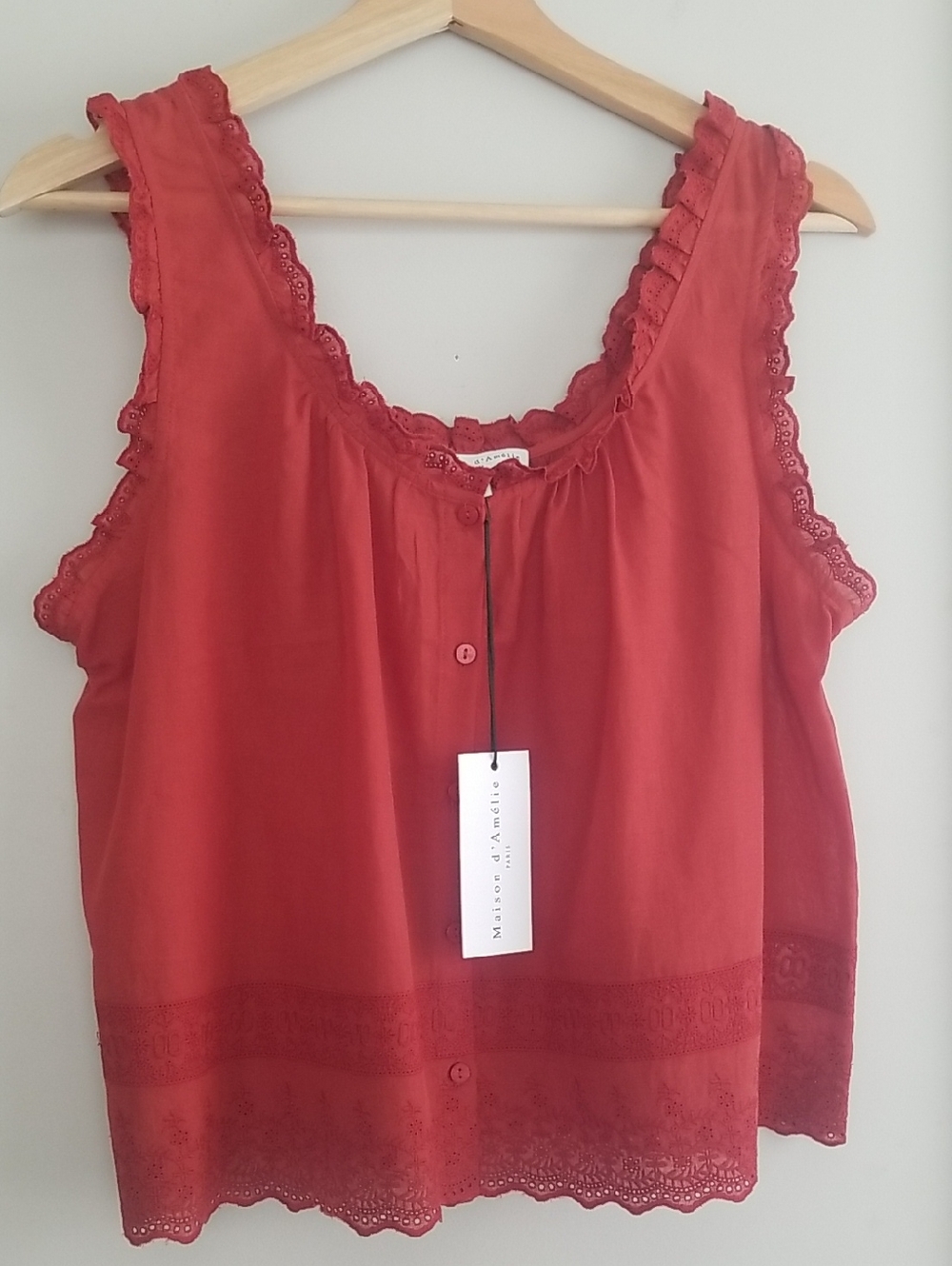 NEW! Maison D'amelie Rust Red Lace-Trim Button-Front Top
